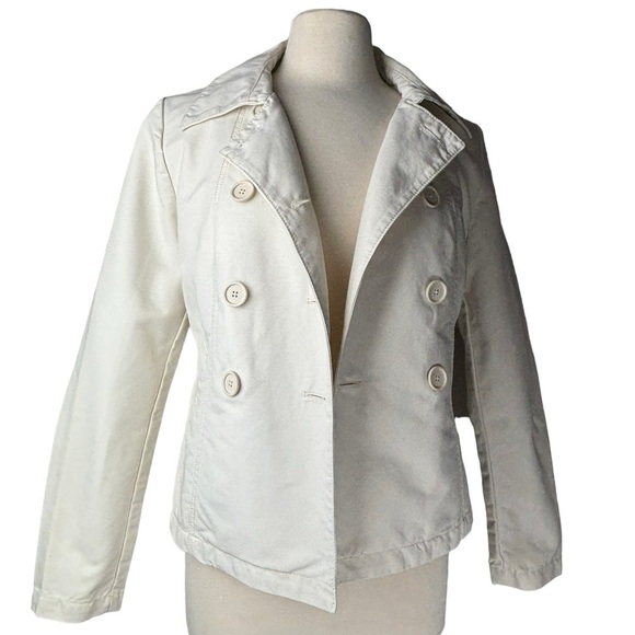 Gap Vintage 90’s Light Khaki Pea Coat Pockets Large Buttons Faux Belt on Back Sm - Picture 1 of 10